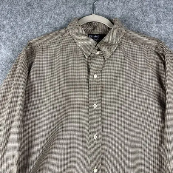 Vintage Polo Ralph Lauren Douglas Tab Shirt Mens 17 35 Brown Houndstooth 80s 90s